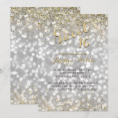 Elegant Silver Bokeh Lights Gold Confetti Sweet 16 Kaart (Voorkant / Achterkant)