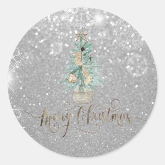 Elegant Silver Bokeh Waterverf kerstboom Ronde Sticker (Voorkant)