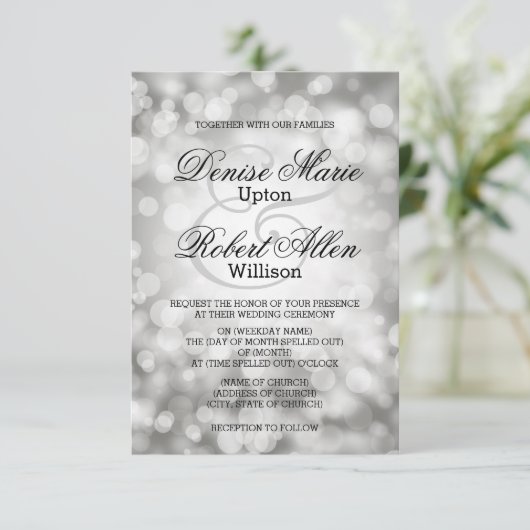 Elegant Silver Bokeh Wedding Uitnodiging (Staand voorkant)