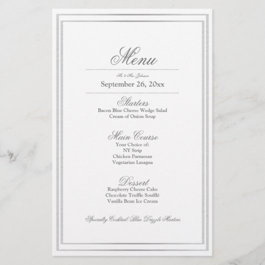 Elegant Silver Border Weddenrenmenu (Voorkant)