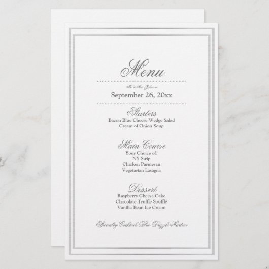 Elegant Silver Border Weddenrenmenu (Voorkant / Achterkant)