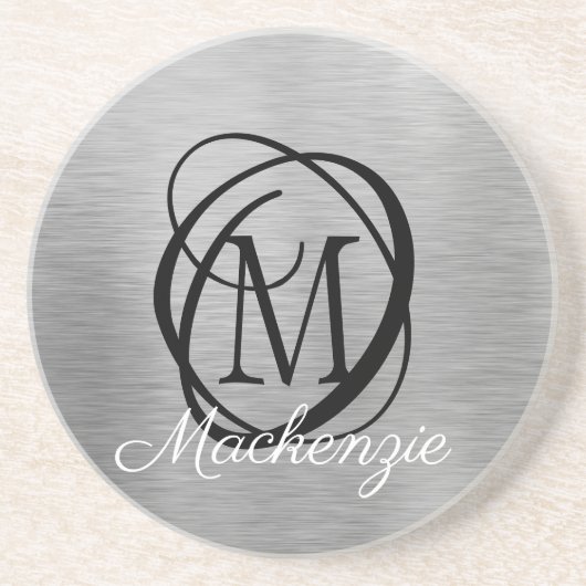 Elegant Silver Borhed Metal Monogram Naam Stijlvol Zandsteen Onderzetter (Voorkant)