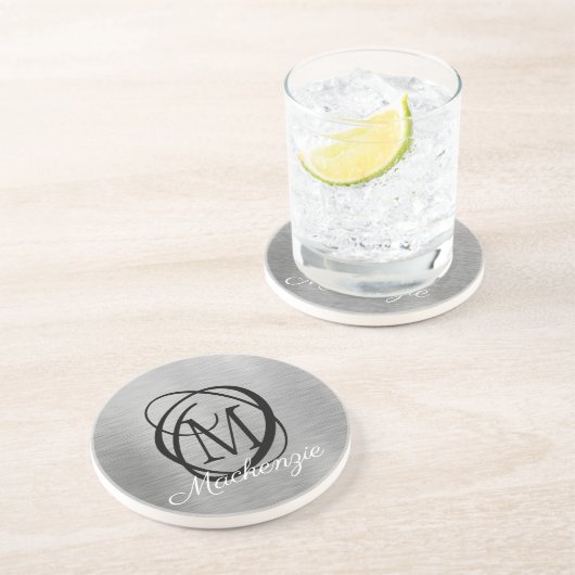 Elegant Silver Borhed Metal Monogram Naam Stijlvol Zandsteen Onderzetter (Zijkant)