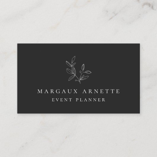 Elegant Silver Botanical Logo Black Visitekaartje (Voorkant)