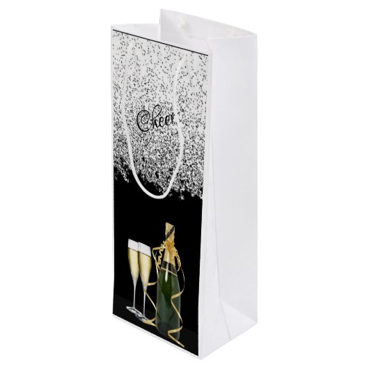 Elegant Silver Bottle and Glasses Wine Gift Bag Wijn Cadeautas (Achterkant Gekanteld)