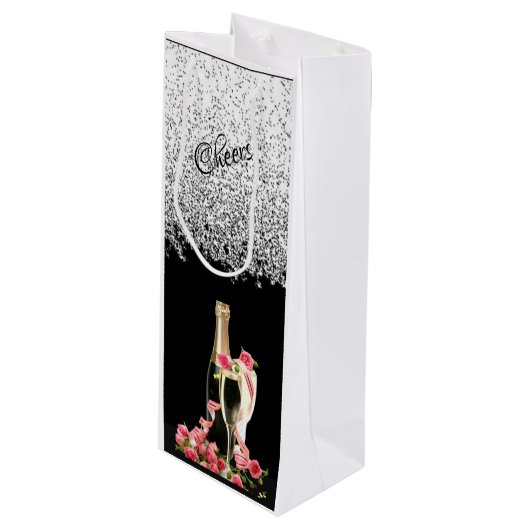 Elegant Silver Bottle and Glasses Wine Gift Bag Wijn Cadeautas (Voorkant Gekanteld)