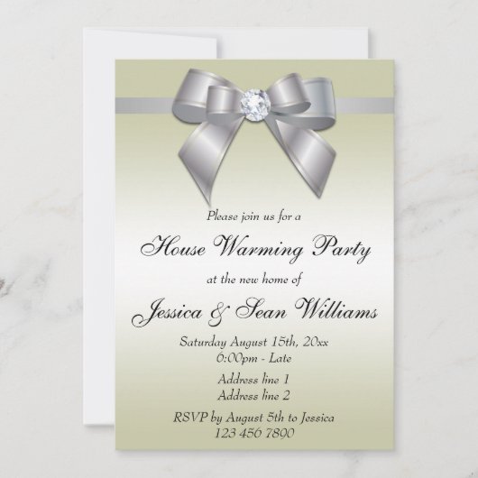 Elegant Silver Bow House Warming Party Kaart (Voorkant)
