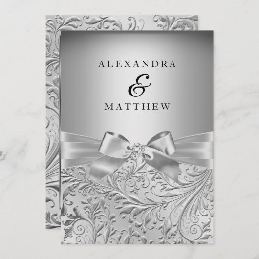 Elegant Silver Bow Silver Leaf Swirl Wedding Kaart (Voorkant / Achterkant)