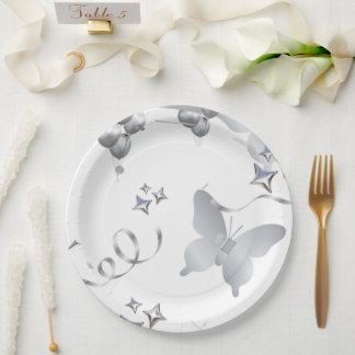 Elegant Silver Butterfly Wedding Paper Plate | Min Papieren Bordje