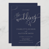 Elegant Silver Calligraphy Navy Wedding Invitation Kaart (Voorkant / Achterkant)