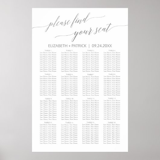 Elegant Silver Calligraphy Seating Chart Poster (Voorkant)