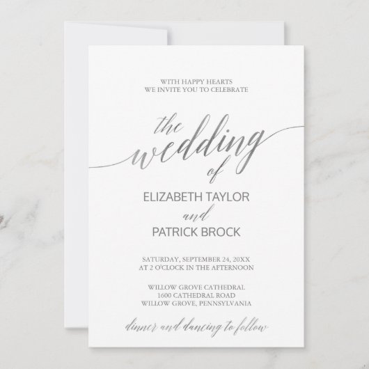 Elegant Silver Calligraphy the Wedding of Kaart (Voorkant)