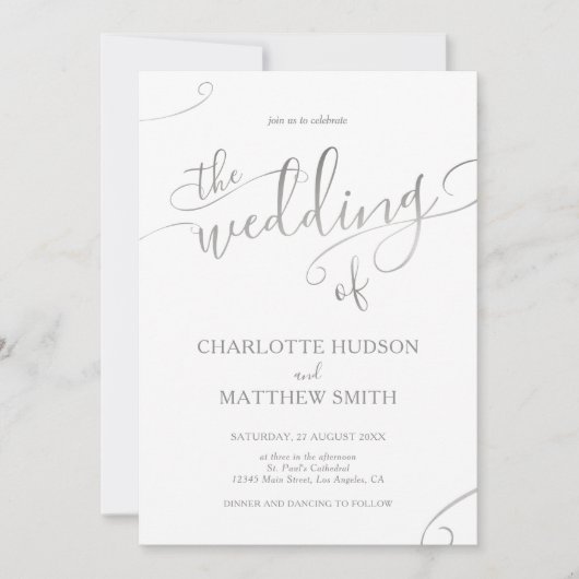 Elegant Silver Calligraphy Wedding Invitation Kaart (Voorkant)