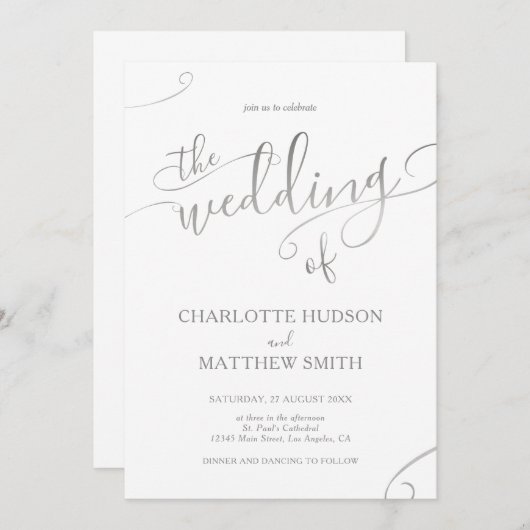 Elegant Silver Calligraphy Wedding Invitation Kaart (Voorkant / Achterkant)