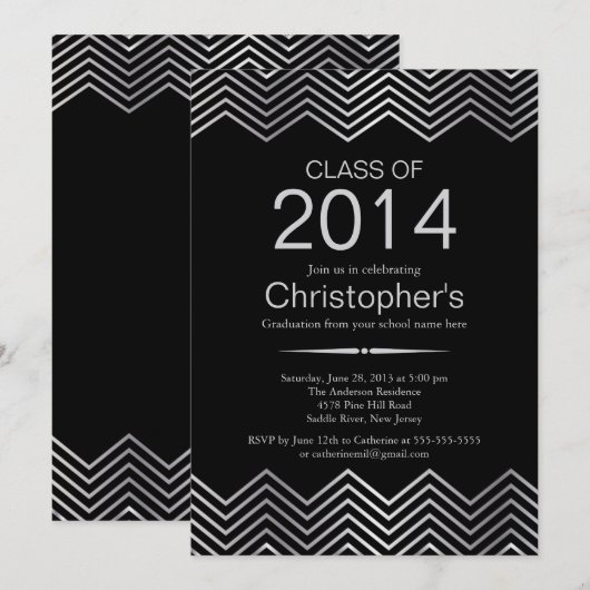Elegant Silver Chevron Graduation Party Invitation Kaart (Voorkant / Achterkant)