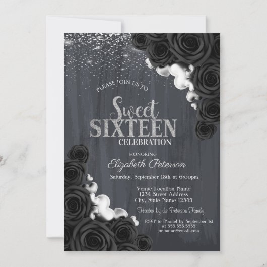 Elegant Silver Confetti Black Rozen Sweet 16 Kaart (Voorkant)