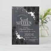 Elegant Silver Confetti Black Rozen Sweet 16 Kaart (Staand voorkant)