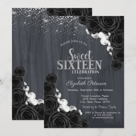Elegant Silver Confetti Black Rozen Sweet 16 Kaart (Voorkant / Achterkant)