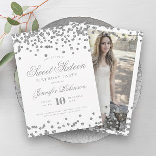 Elegant Silver Confetti foto Sweet 16 Kaart