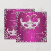 Elegant Silver Confetti Hot Pink Masquerade Party Kaart (Voorkant / Achterkant)