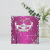 Elegant Silver Confetti Hot Pink Masquerade Party Kaart (Staand voorkant)