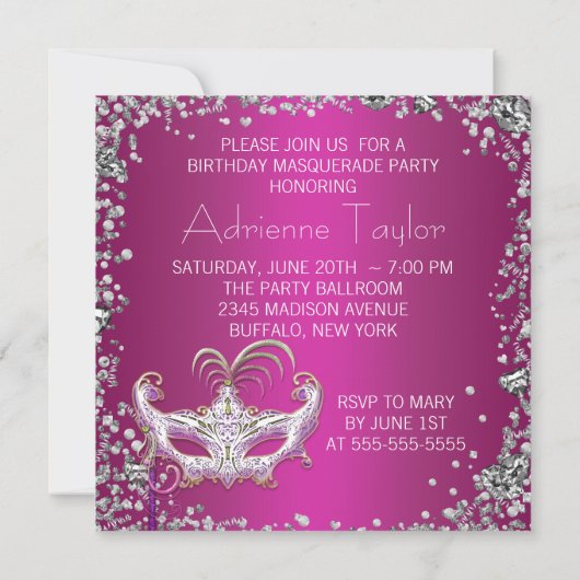 Elegant Silver Confetti Hot Pink Masquerade Party Kaart (Achterkant)