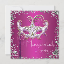 Elegant Silver Confetti Hot Pink Masquerade Party Kaart