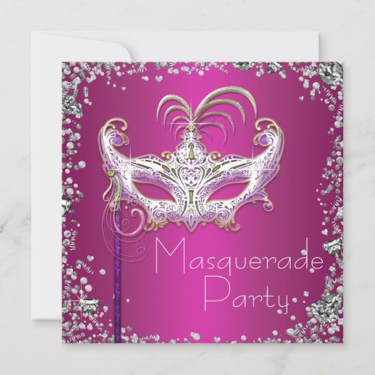 Elegant Silver Confetti Hot Pink Masquerade Party Kaart (Voorkant)