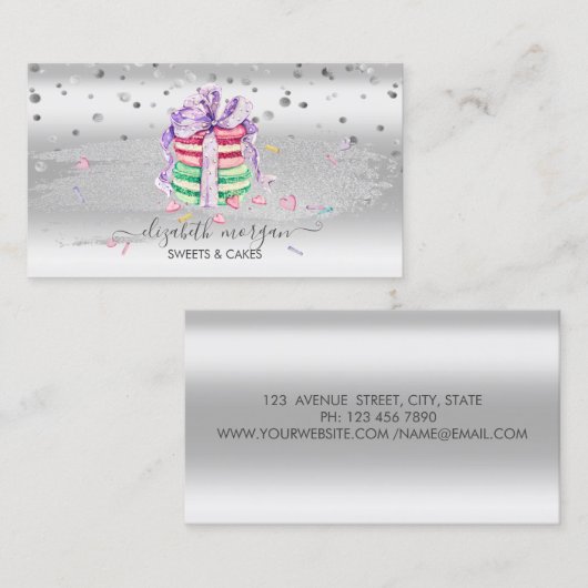 Elegant Silver-Confetti, penseellijn, Macarons Visitekaartje (Voorkant / Achterkant)