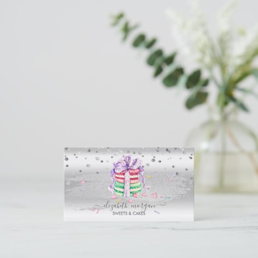Elegant Silver-Confetti, penseellijn, Macarons Visitekaartje (Staand voorkant)