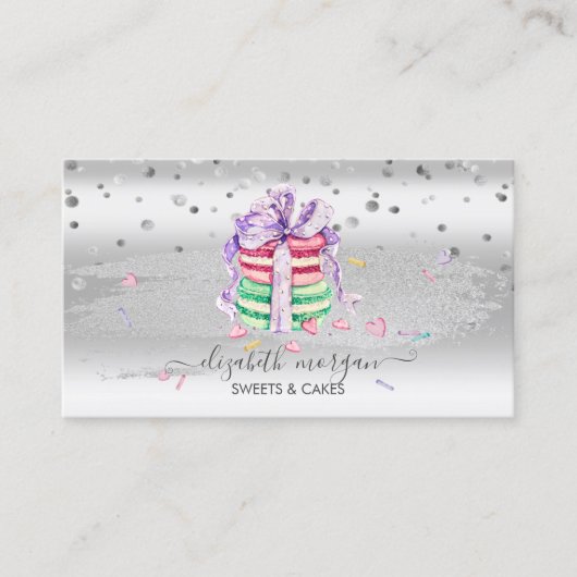 Elegant Silver-Confetti, penseellijn, Macarons Visitekaartje (Voorkant)