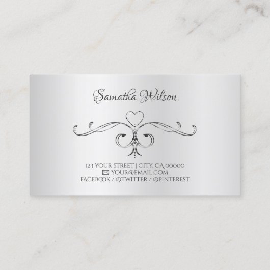 Elegant Silver  Corner Borders Cute Hearts Visitekaartje (Achterkant)