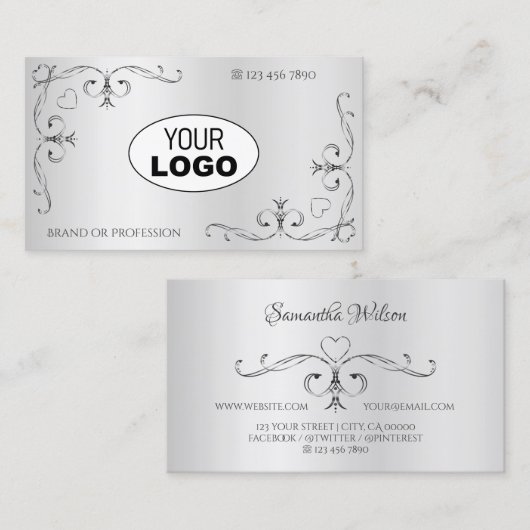 Elegant Silver Corner Borders Harten Logo Visitekaartje (Voorkant / Achterkant)