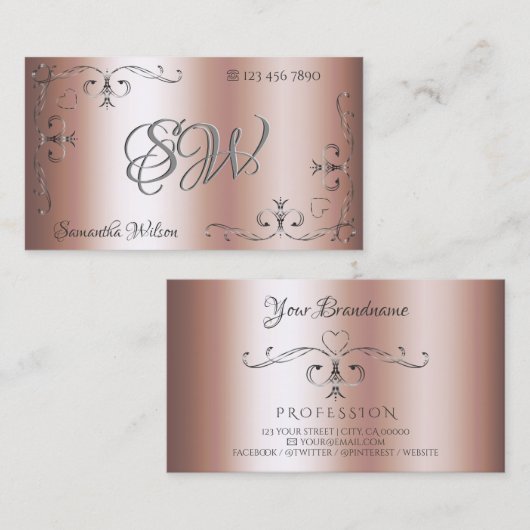 Elegant Silver Corners Initialen Roos Golden Visitekaartje (Voorkant / Achterkant)