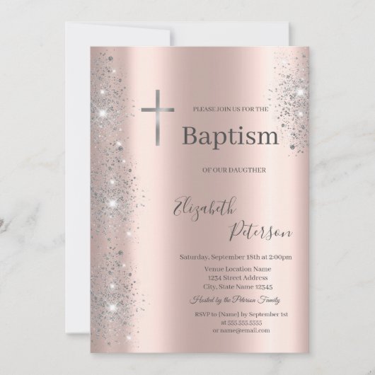 Elegant Silver Cross Baptism Roos Gouden Glitter Kaart (Voorkant)