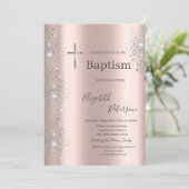 Elegant Silver Cross Baptism Roos Gouden Glitter Kaart (Staand voorkant)