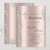 Elegant Silver Cross Baptism Roos Gouden Glitter Kaart (Voorkant / Achterkant)