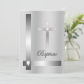 Elegant Silver Cross Baptisme op metalen achtergro Kaart (Staand voorkant)