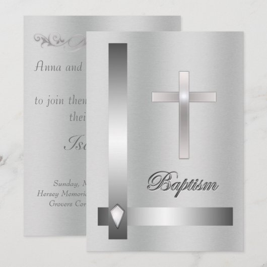 Elegant Silver Cross Baptisme op metalen achtergro Kaart (Voorkant / Achterkant)
