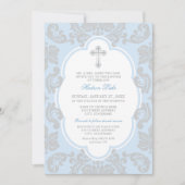 Elegant Silver Cross Blue Damask Baby Baptisme Kaart (Voorkant)