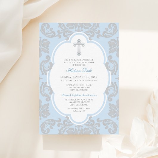 Elegant Silver Cross Blue Damask Baby Baptisme Kaart