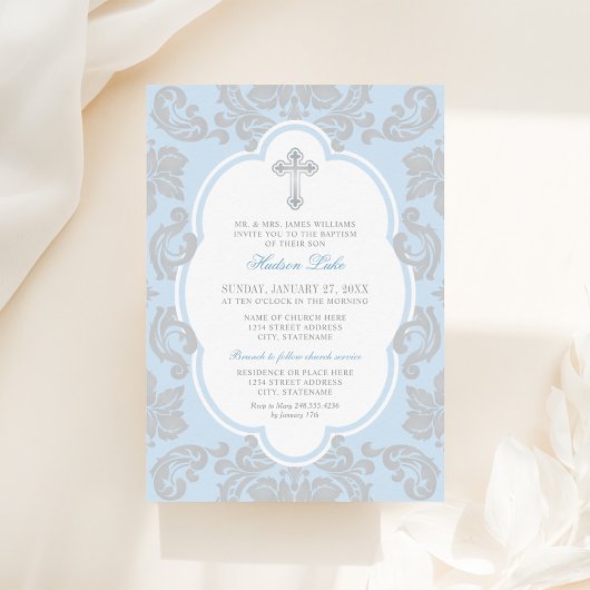 Elegant Silver Cross Blue Damask Baby Baptisme Kaart