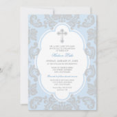 Elegant Silver Cross Blue Damask Baby Baptisme Kaart (Voorkant)