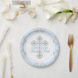 Elegant Silver Cross Blue Damask Baby Baptisme Papieren Bordje