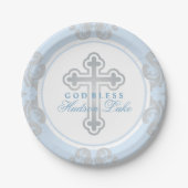 Elegant Silver Cross Blue Damask Baby Baptisme Papieren Bordje (Voorkant)