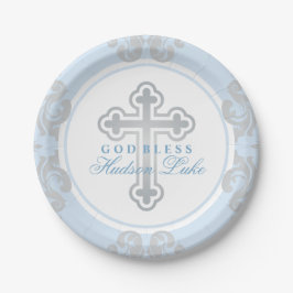 Elegant Silver Cross Blue Damask Baby Baptisme Papieren Bordje