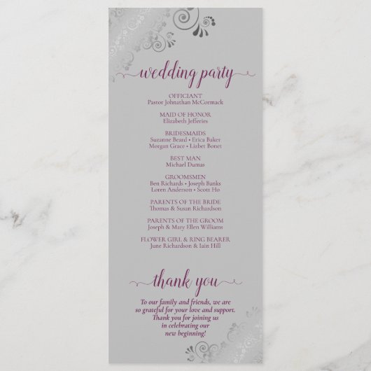 Elegant Silver Curls Cassis Paarse op Grijs Bruilo Programmakaart (Achterkant)