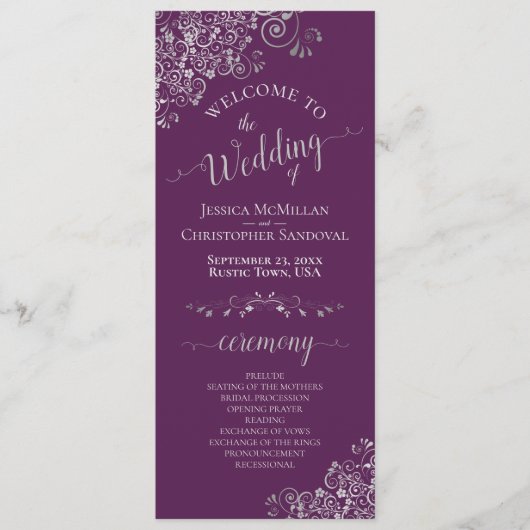 Elegant Silver Curls on Plum Purple Simple Wedding Programmakaart (Voorkant)