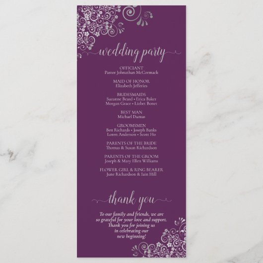 Elegant Silver Curls on Plum Purple Simple Wedding Programmakaart (Achterkant)