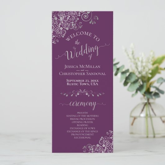 Elegant Silver Curls on Plum Purple Simple Wedding Programmakaart (Staand voorkant)